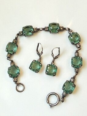 Catherine Popesco bracelet earrings set Art Deco green open back glass vintage